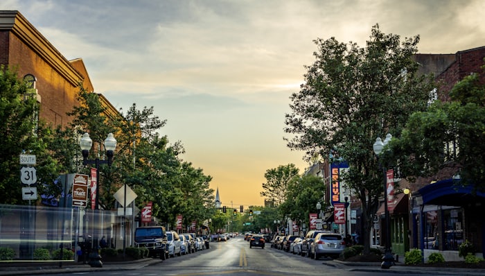 A tree-lined small-town main street at sunset with brick storefronts.